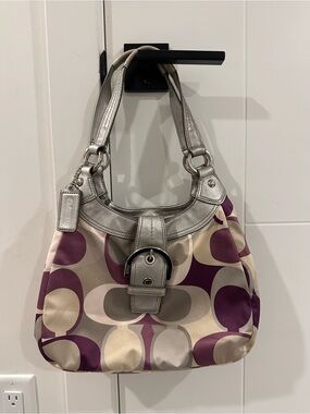 Coach Silver-Trim Purple Signature Hobo Bag